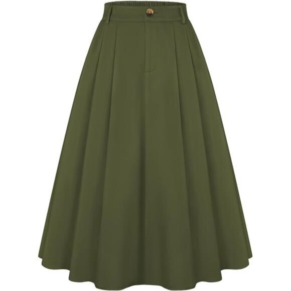 Women Pleated Skirt with Pockets A Line Green - Picture 1 of 6